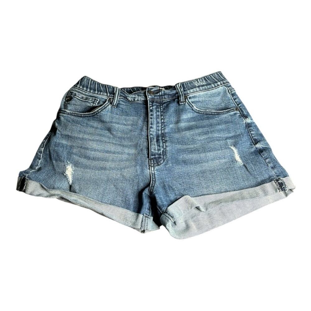 Kancan Medium Wash Denim Cuffed Shorts Distressed Detail 31
